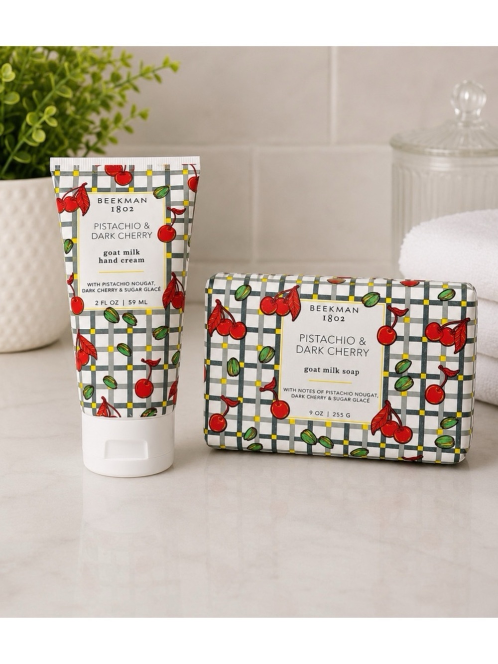 Beekman 1802 Pistachio & Dark Cherry Goat Milk Hand Cream & Soap Set